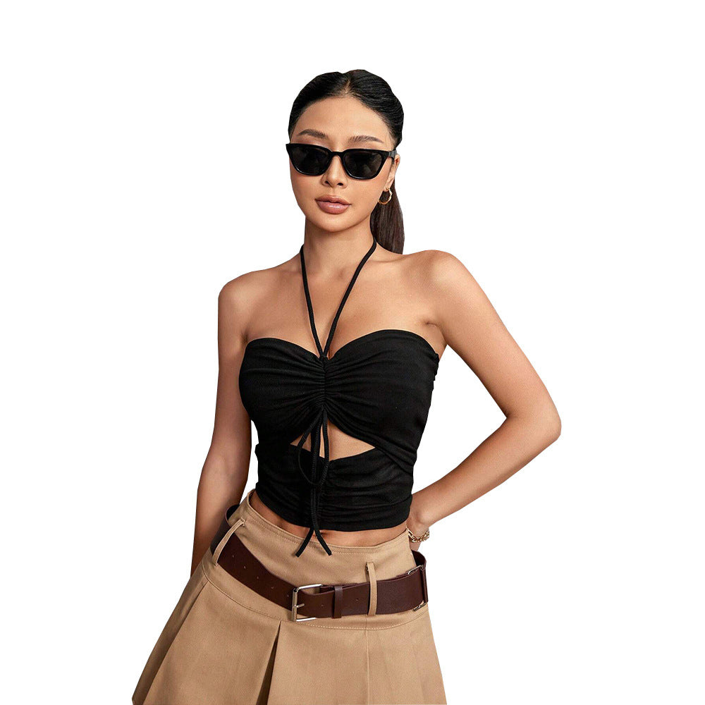 Dame cropped top med elegant knude detalje og dyb V-hals Stilla