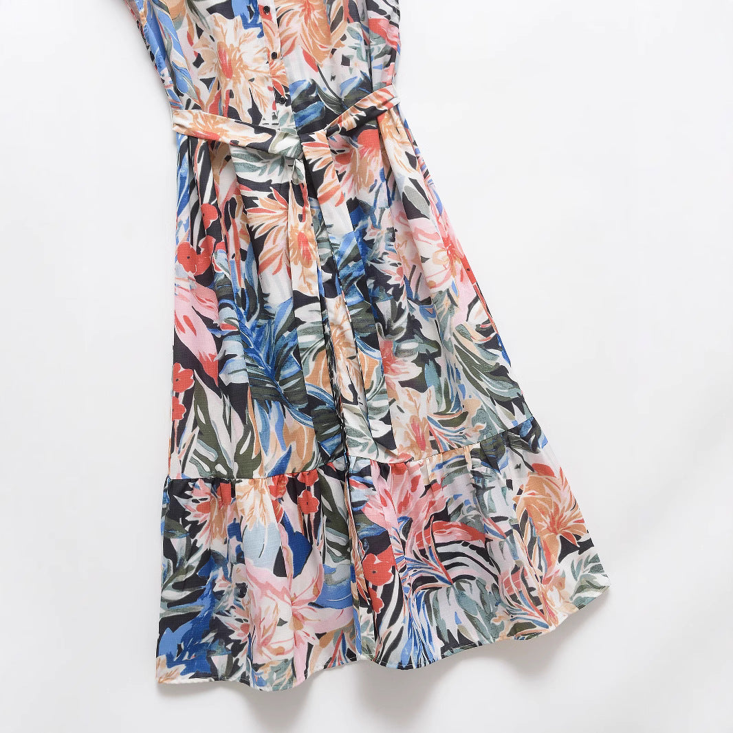 Femme Stribet Floral Midi Kjole med Bælte Stilla