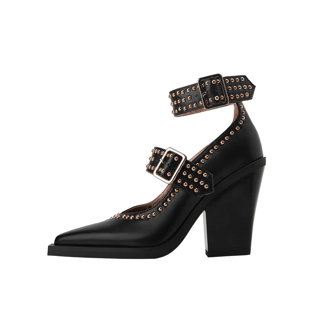 Femme Chunky Hælsats Mary Jane Pumps med Nitteudsmykning Stilla