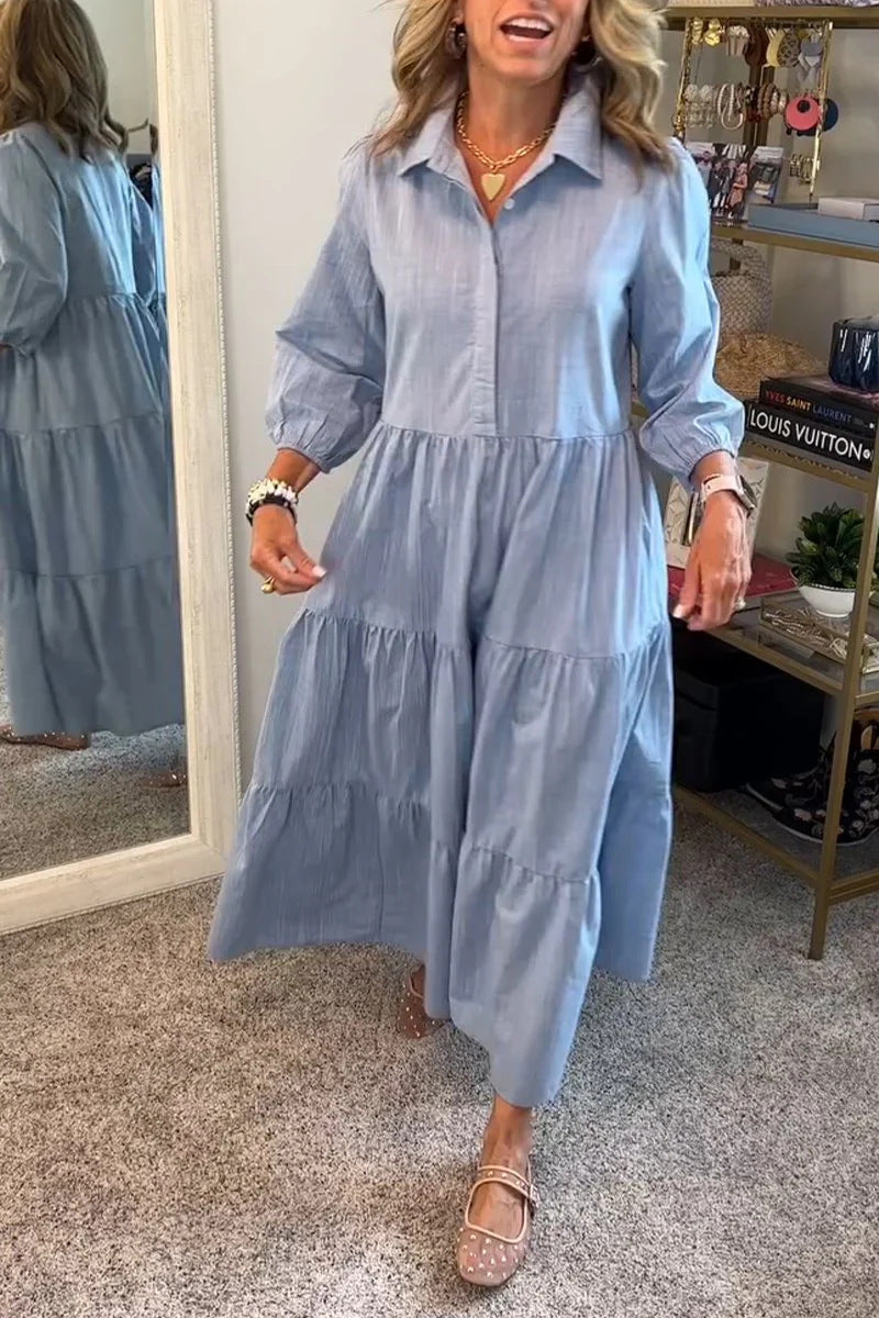 Dame Langærmet Skjortekjole med voluminøse Ruffles Detaljer Stilla
