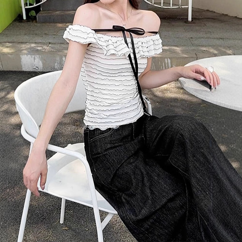 Dame Offshoulder-bluse med elegant bølgemønster Skovae