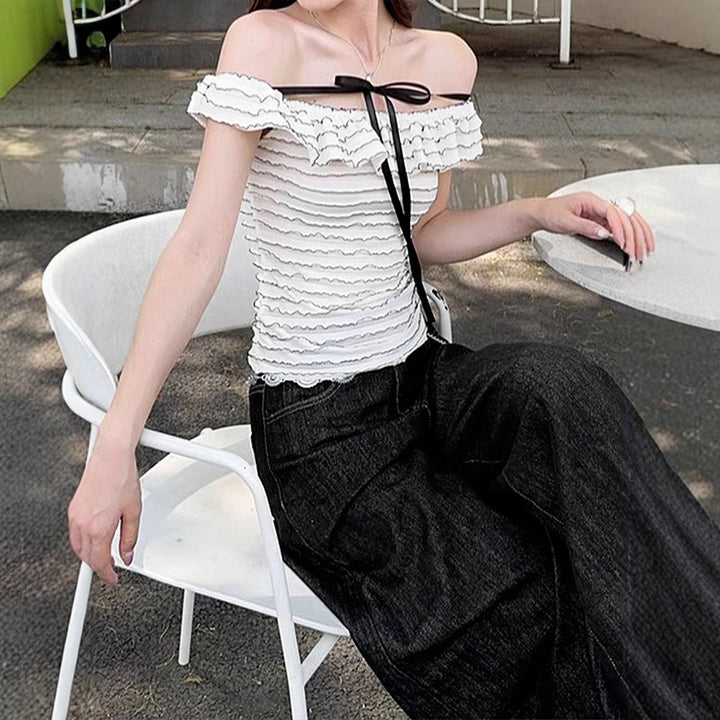 Dame Offshoulder-bluse med elegant bølgemønster Skovae