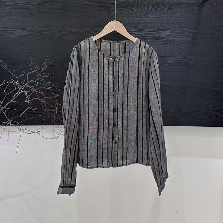 Femme Stribet Linned Knap-Down Bluse Stilla
