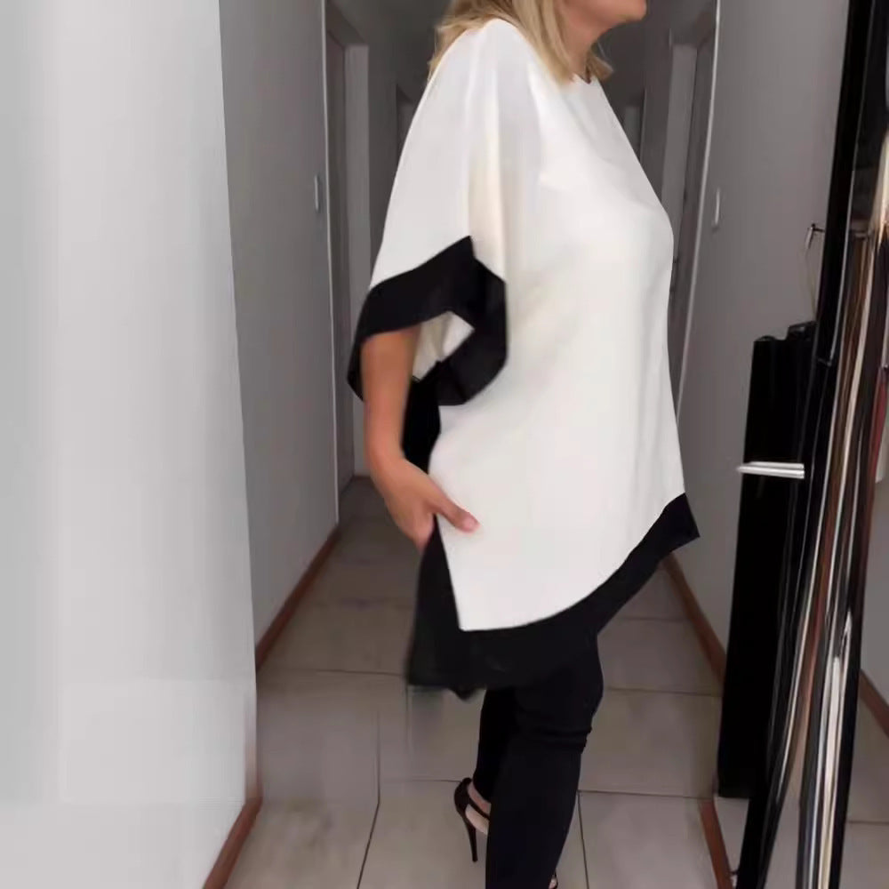 Dame Stilfuld Batik-bluse med bølget kant og kontrasterende ærmer Stilla