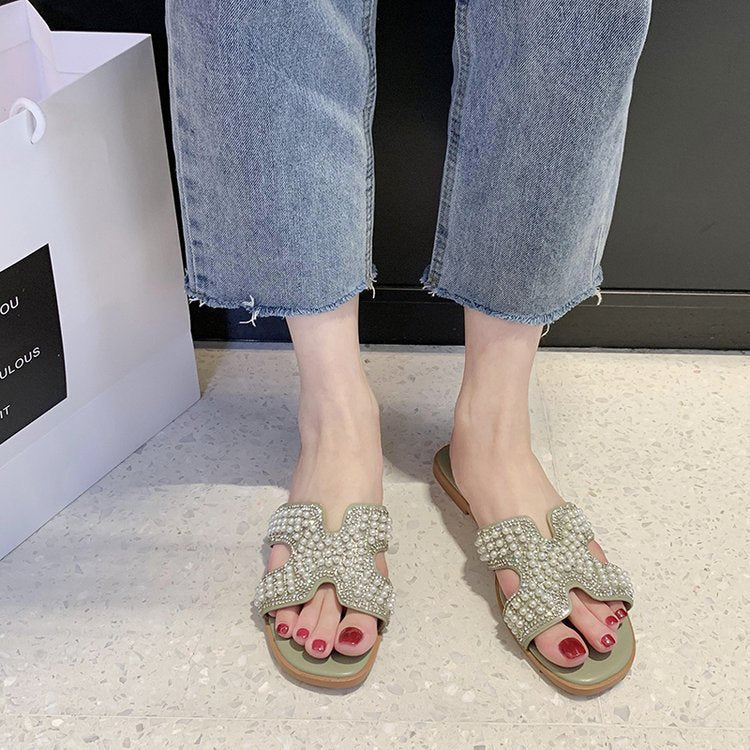 Dame mode slide-sandaler med funklende perle- og rhinestones dekoration Stilla