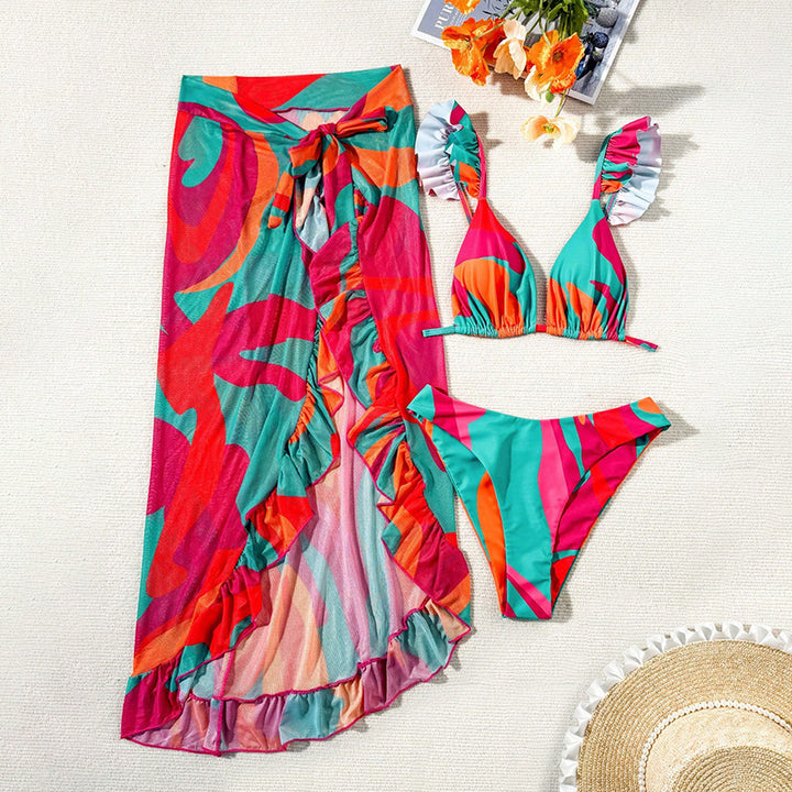 Dame Bikinisæt med legende indpakningsskørt og flæser Skovae