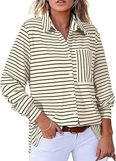 Damer Casual Stribet Bluse med Lomme og Knapstolpe Stilla