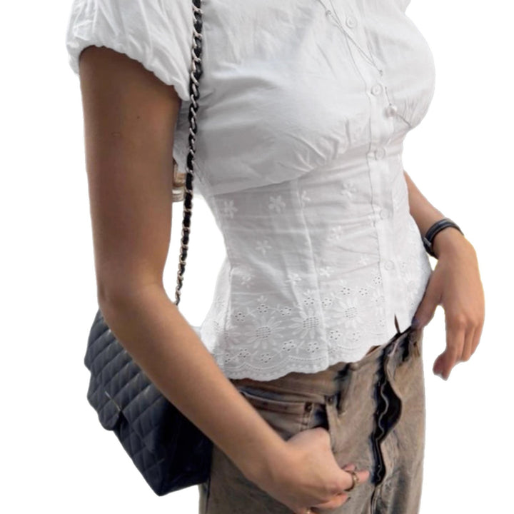 Damen elegante Bluse mit floralen Stickereien und gepufften Ärmel Skovae