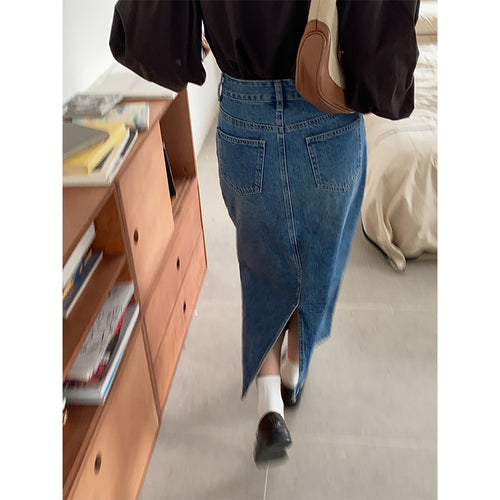 Dames Lang Denim Nederdel med Fashionable Lommer Stilla