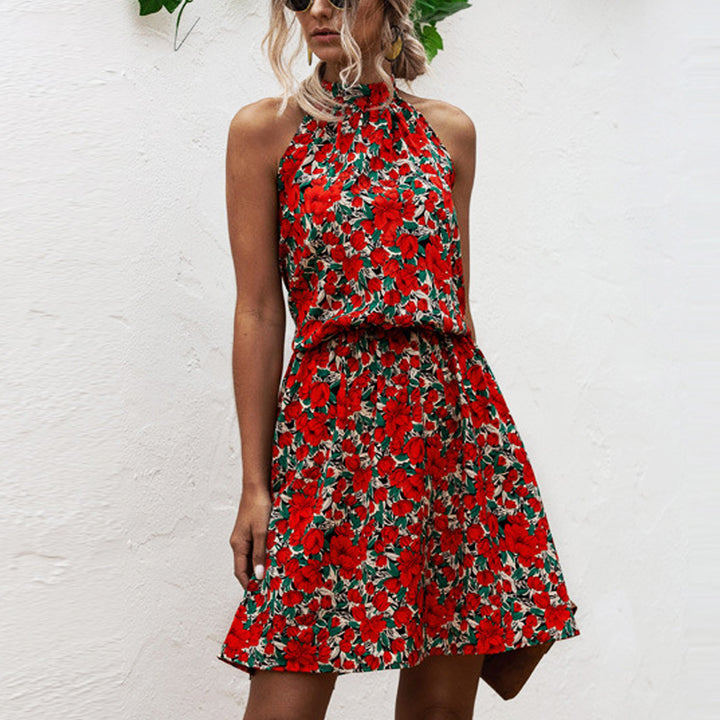 Dame Halter Neck Floral Mini Kjole med rynket Talje Stilla
