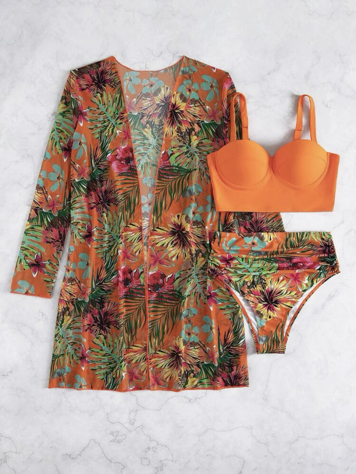 Dame bikini-sæt med floral kimono og polstret top Stilla