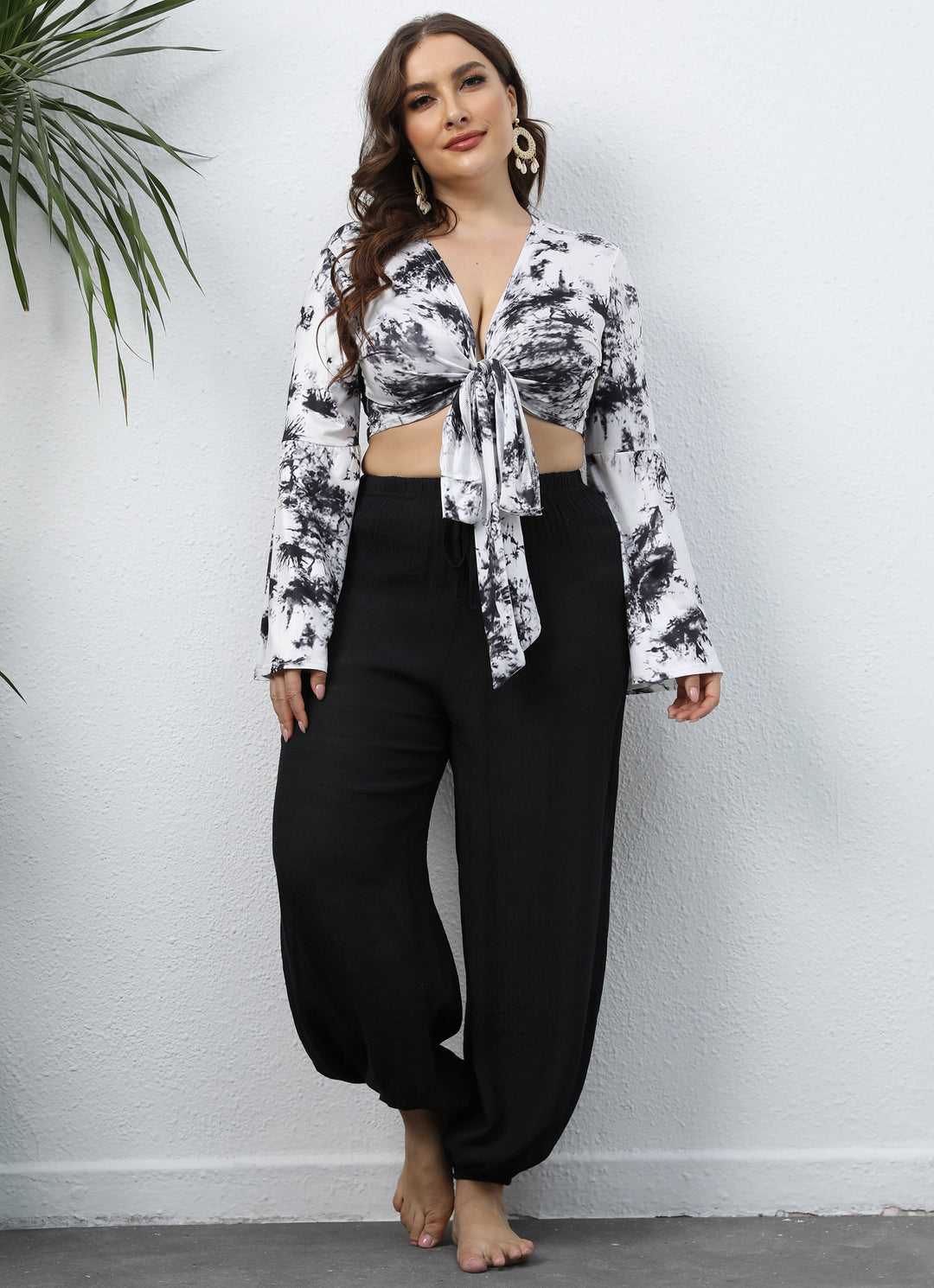 Femme Trendy Bindefront Cropped Top og Løst Bukse Sæt Stilla