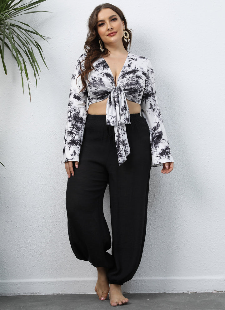 Femme Trendy Bindefront Cropped Top og Løst Bukse Sæt Stilla