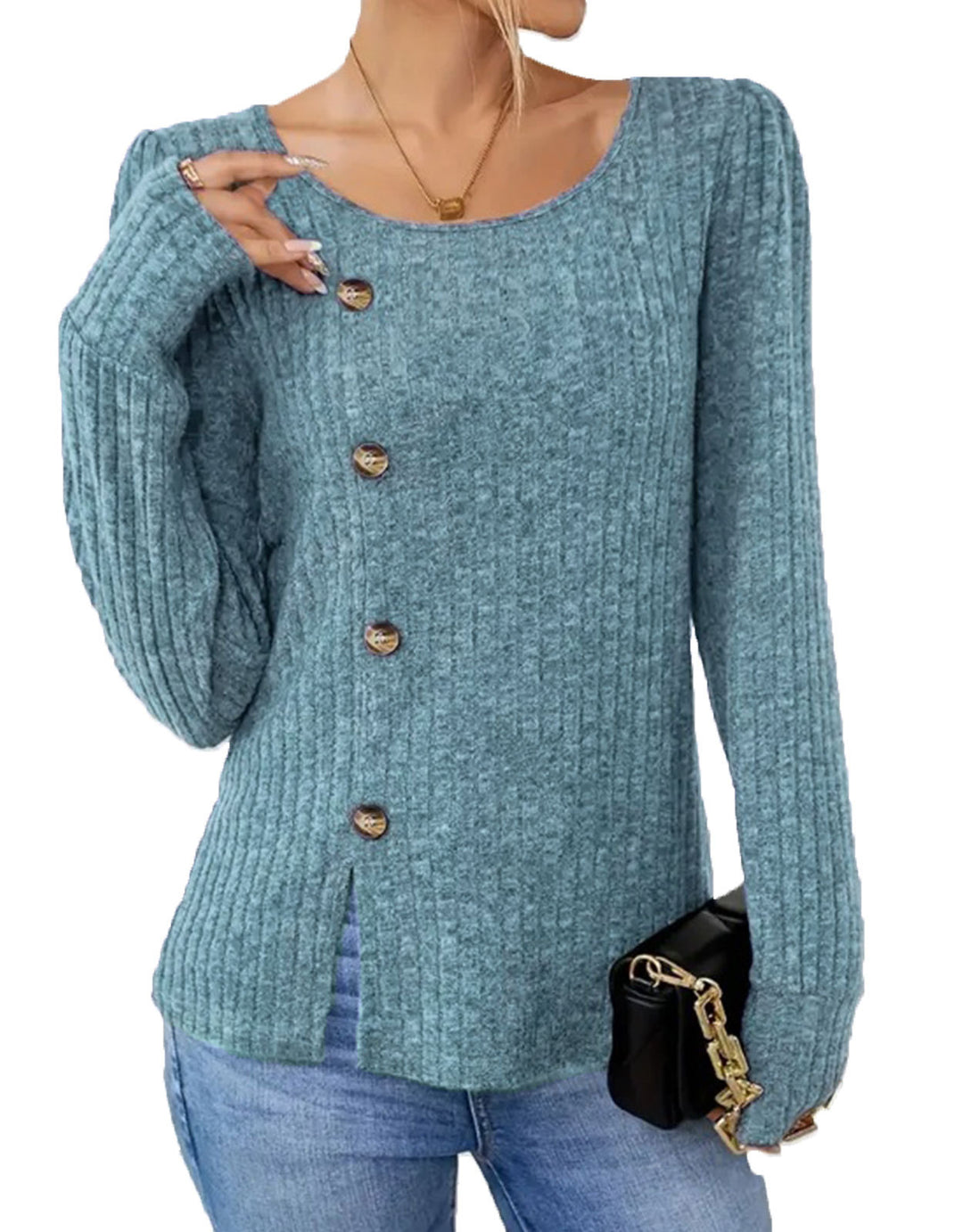 Dame finstrikket pullover med knaplukning og sidelommer Stilla