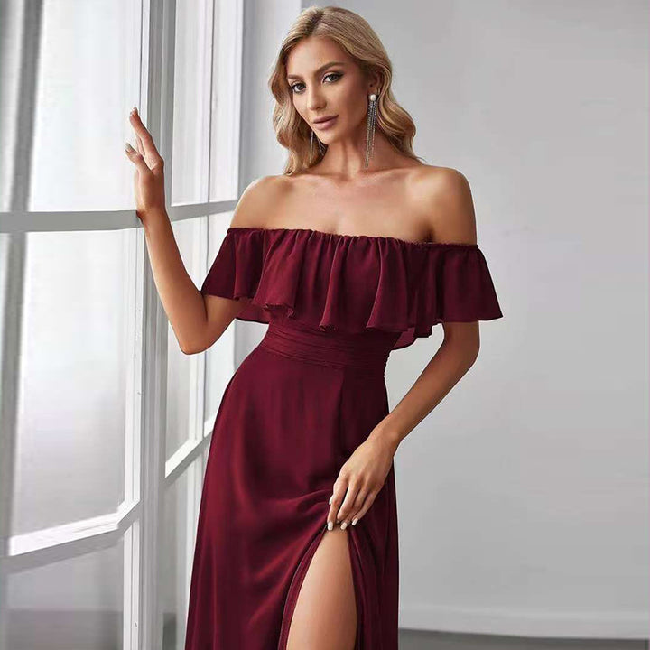 Dame Off-Shoulder Maxikjole med Flæse Detaljer og Slids Stilla