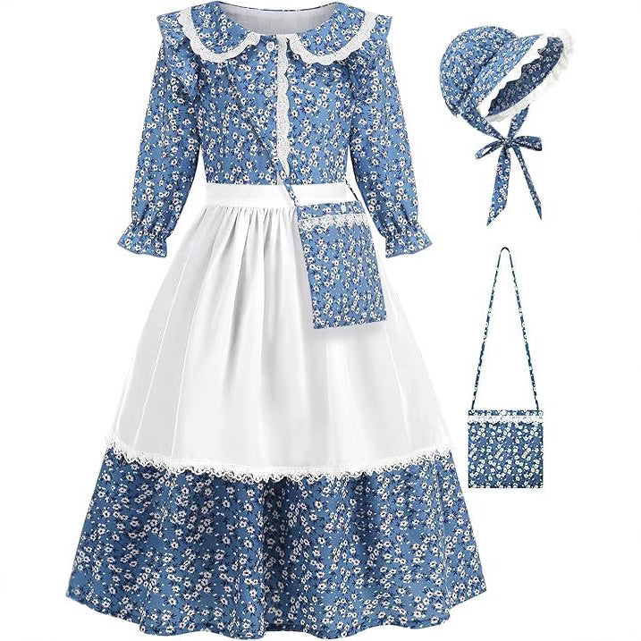 Dame Vintage Blomsterkjole med Forklæde og Hætte Stilla