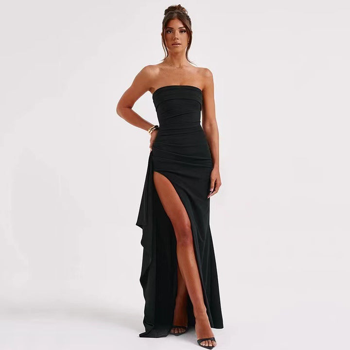 Dame Strapless Aftenkjole med høj slidser og rynker Stilla
