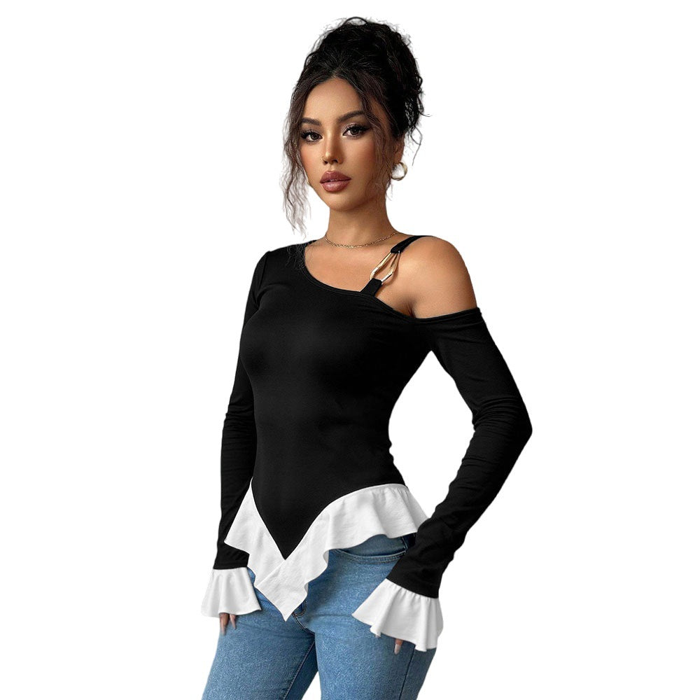 Kvindernes Off-Shoulder Top med fashionable flæse og dekorativ båndelement Stilla