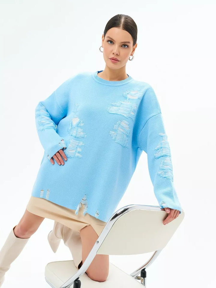 Dame Oversized Strikpullover med moderne Distressed-design og afslappede frynser Stilla