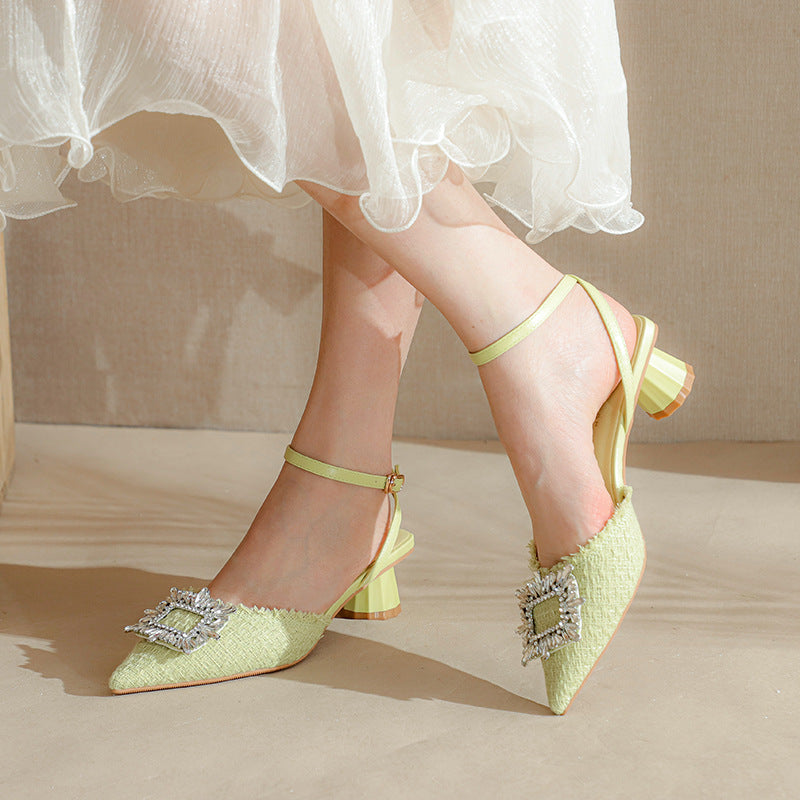 Dame Elegant Spids Tå Slingback Mules med Dekorativ Floral Accent Stilla