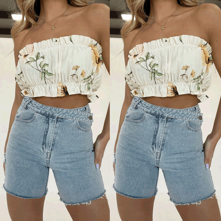 Dame Bustier-top med flæsedetaljer og blomsterdesign Stilla