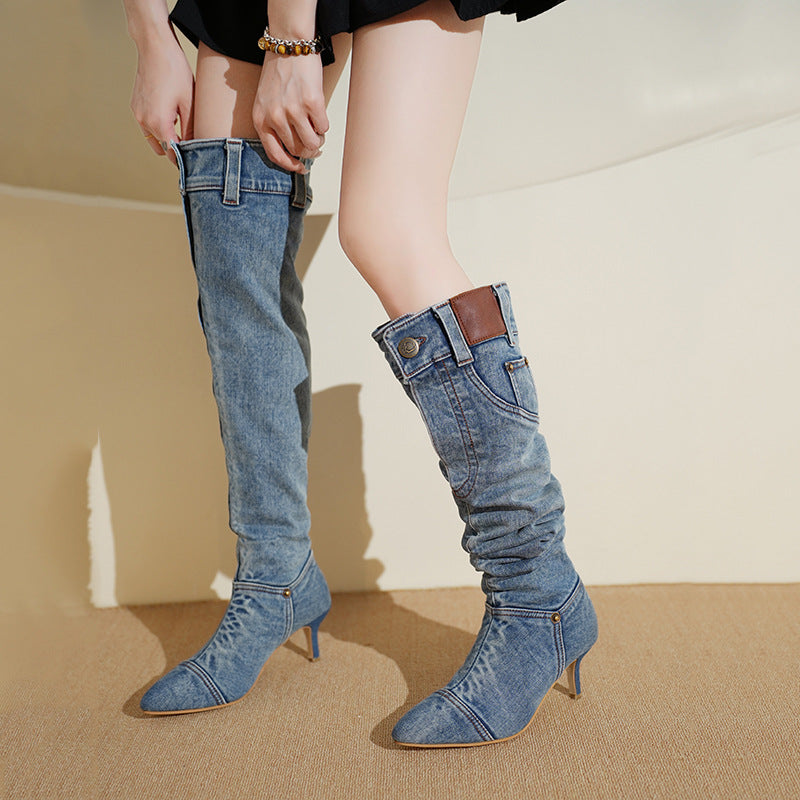 Dame High-Heel Jeans-Støvler med moderne Ankelsnøring Stilla