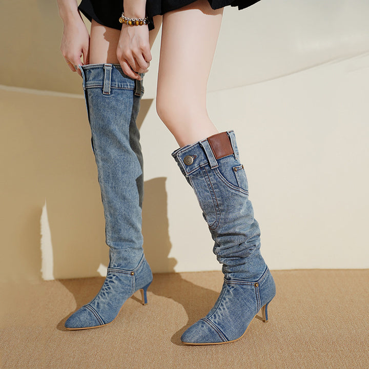 Dame High-Heel Jeans-Støvler med moderne Ankelsnøring Stilla