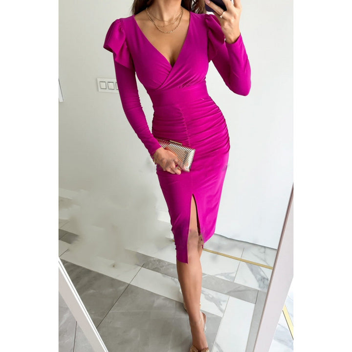 Femme Elegante Raffung Midi Kjole med Rysjer Stilla