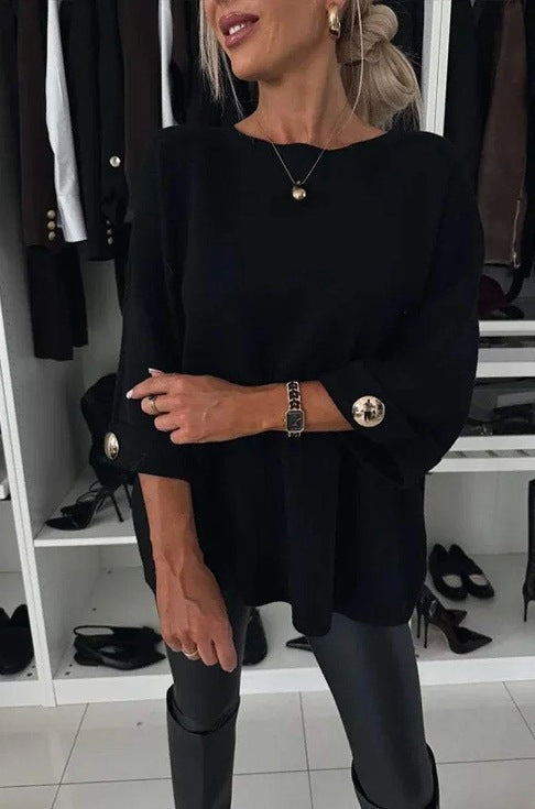Kvinder Elegant Strik Sweater med Bred Skæring Ærmer og Knap Detaljer Stilla