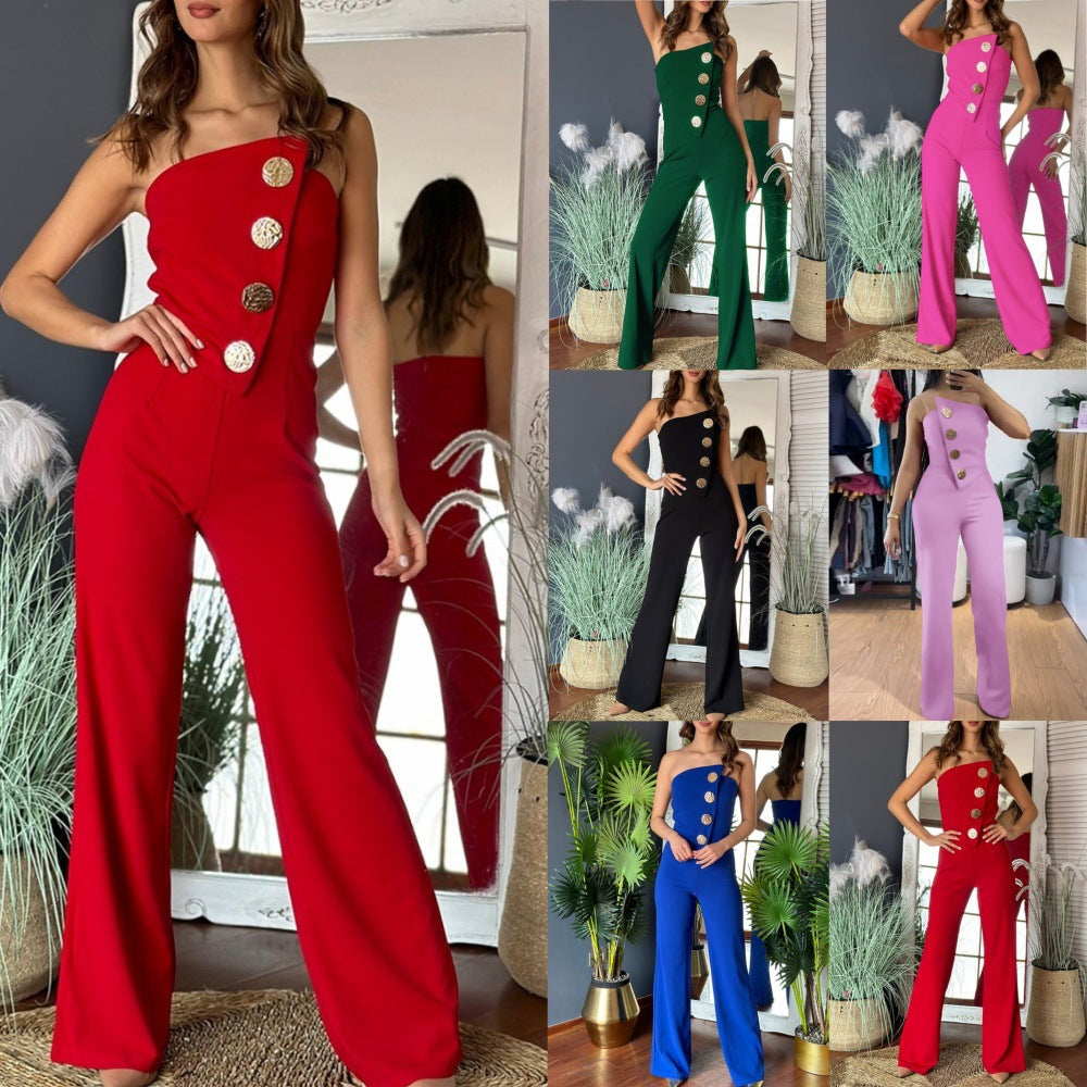 Dame overalls med asymmetrisk snit og dekorative knapper Stilla