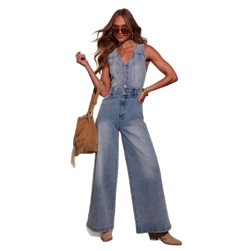Dame Bredskåret Denim-Overalls med knapdetaljer og justerbar talje Stilla