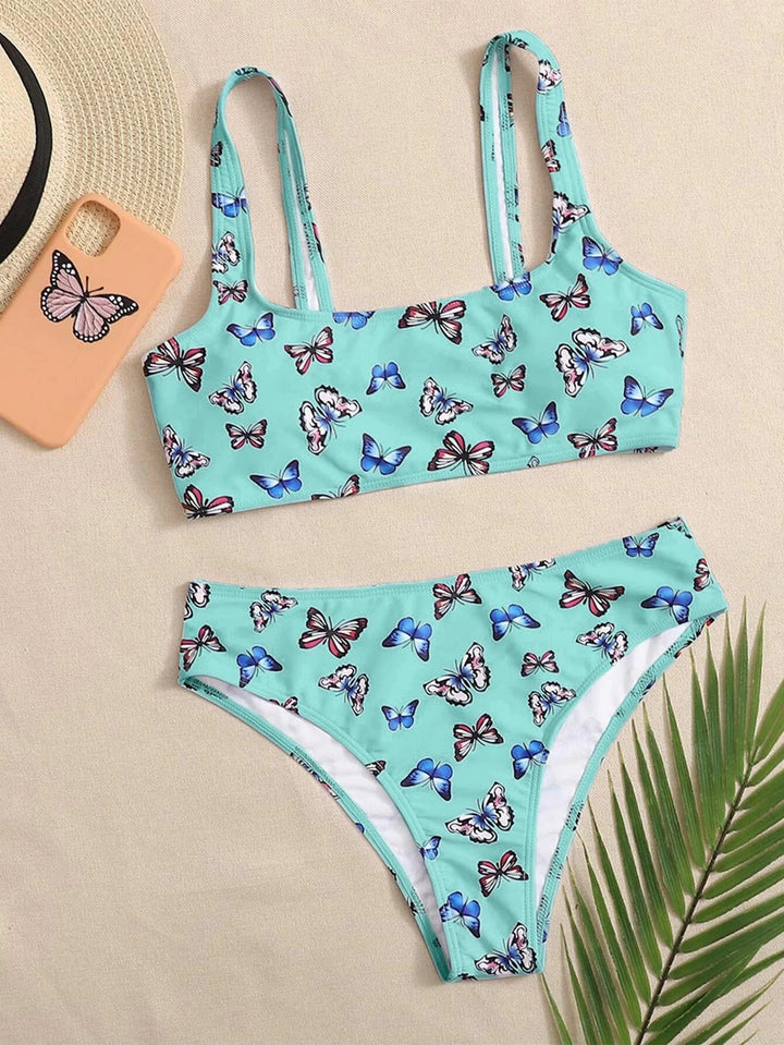 Dame Crop-Bikini-sæt med farverig sommerfugleprint Skovae