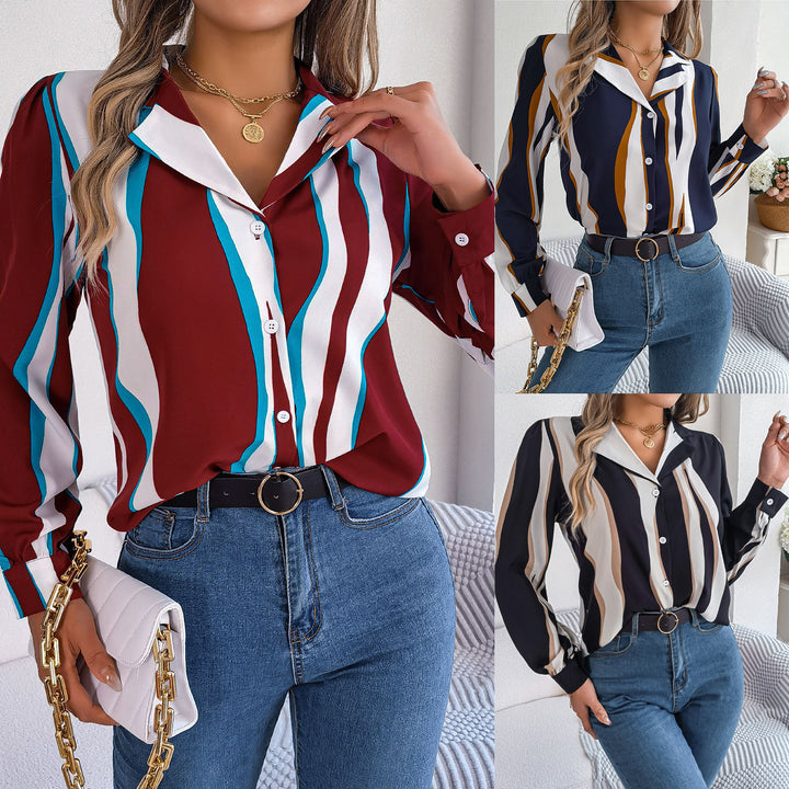 Dame Elegant Langærmet Bluse med moderne Stribemønster Stilla