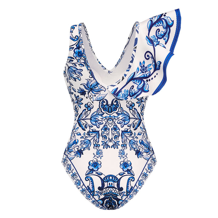 Dame heldragt badedragt med floralt design og asymmetrisk skulder Stilla