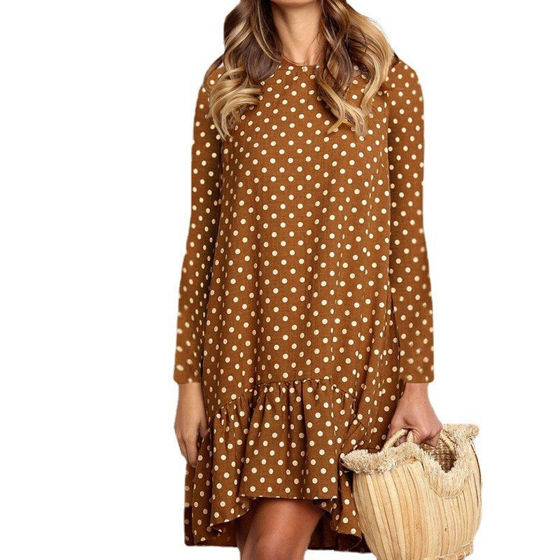 Dame Retro Polka Dot Kjole med Flæsekant og Lange Ærmer Stilla