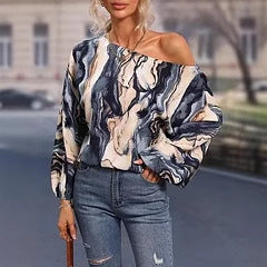 Dame asymmetrisk bluse tee med moderne marmor-design Stilla