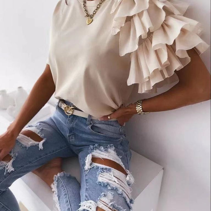 Kvinders T-shirt med trendy flæse detaljer Stilla
