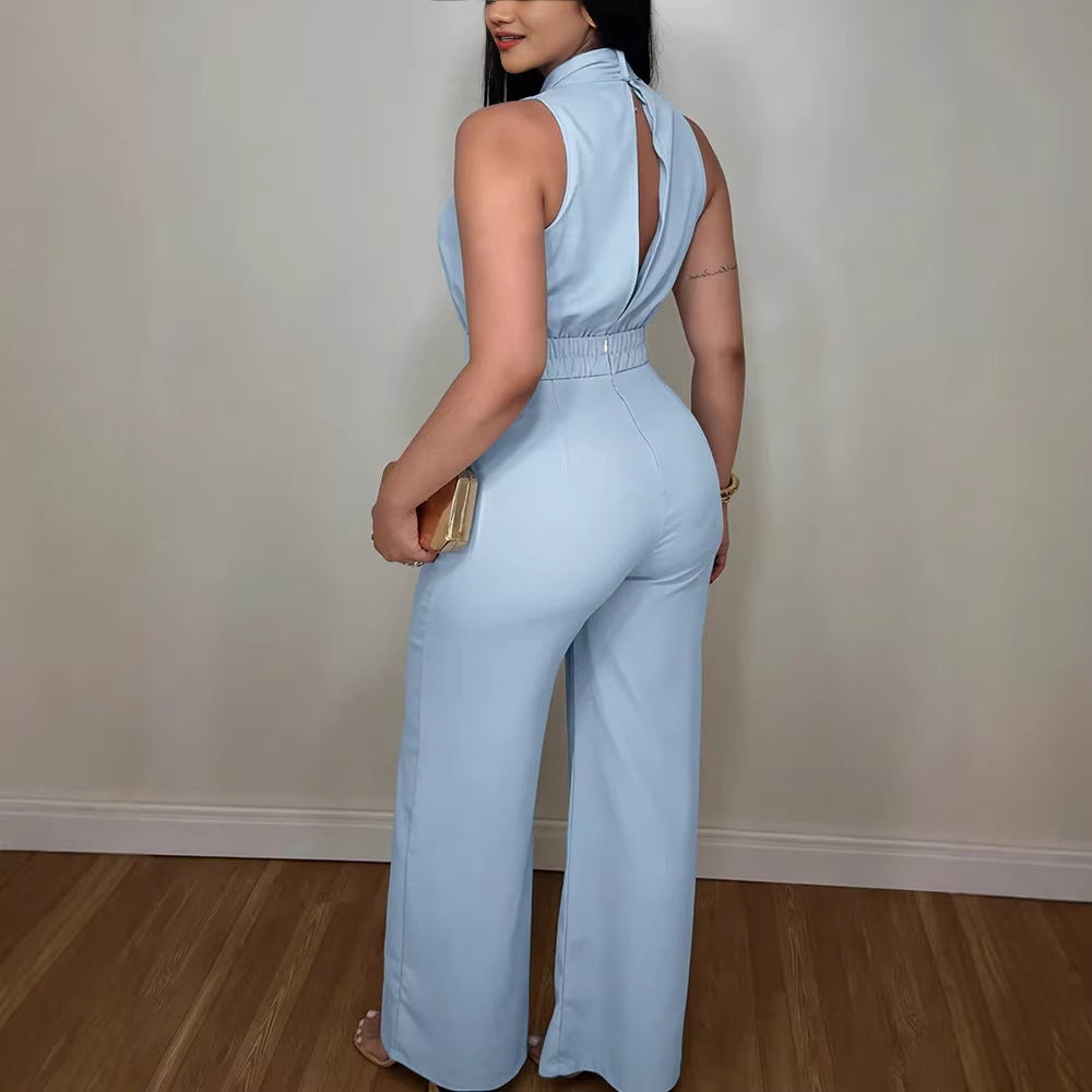 Dame elegant jumpsuit med flydende snit og bindbart krave Skovae