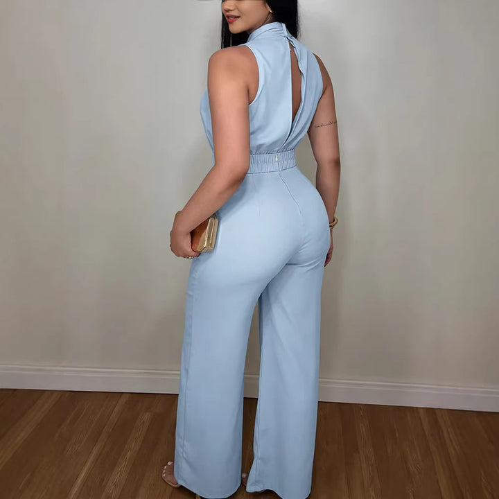 Dame elegant jumpsuit med flydende snit og bindbart krave Skovae