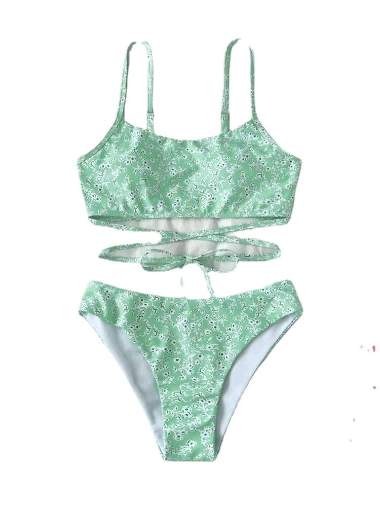 Dame Floral Print Bikini med justerbare stropper og knyttet detalje Stilla