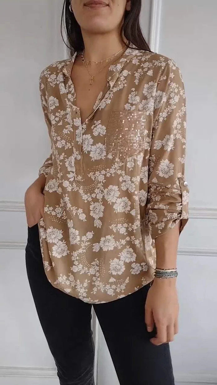 Dame blouse top med blomstermønster og glitrende pailletter Stilla