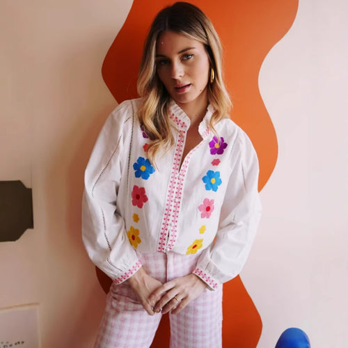Femme Broderet Langærmet Button-Up Skjorte Stilla
