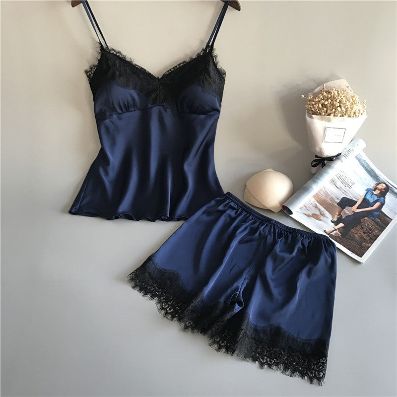 Dame Elegant Satin Pyjama Sæt med Spids Kant Stilla