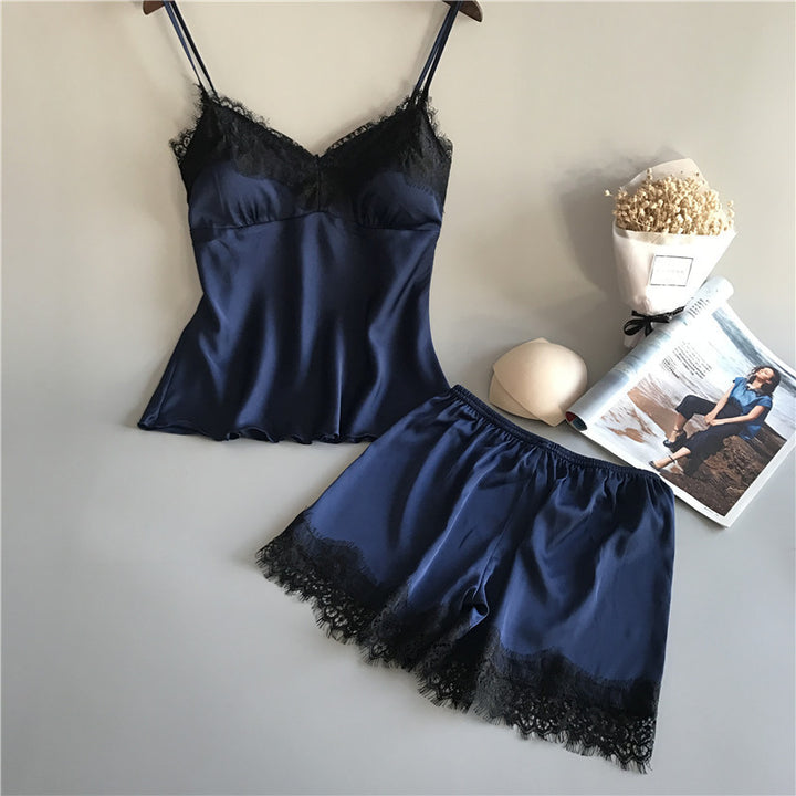 Dame Elegant Satin Pyjama Sæt med Spids Kant Stilla