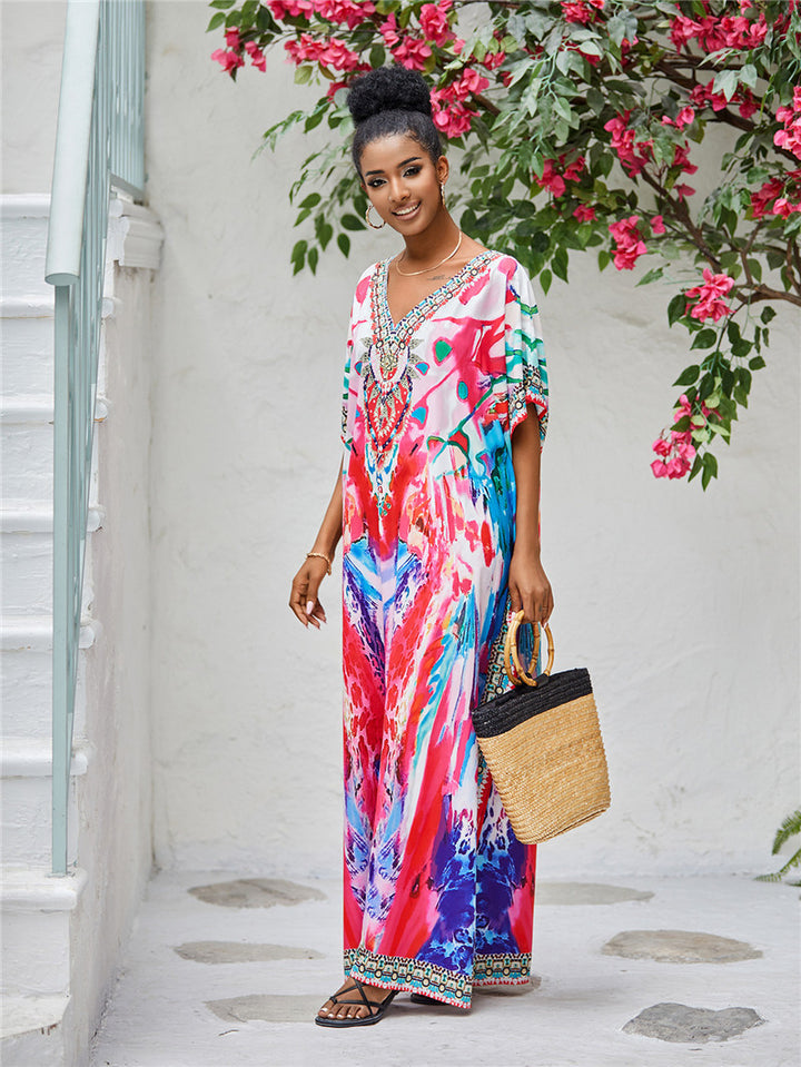 Dame Strandkaftan med kunstnerisk mønster og elegante dekorationer Stilla