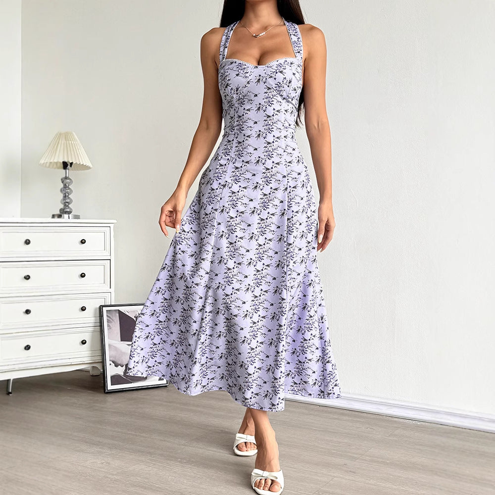 Dame sommerligt maxikjole med blomster halterdesign og sidelits Skovae