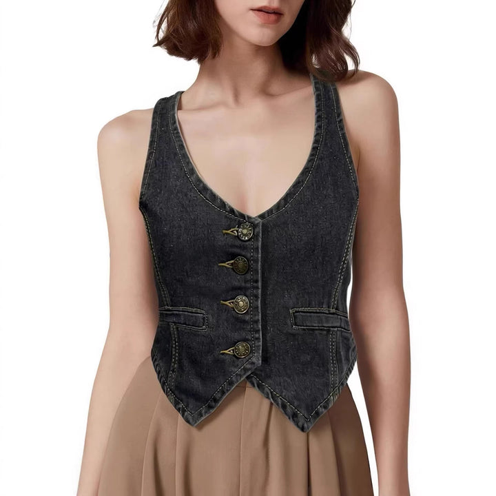 Dame Denim Bustier-top med knapdetaljer og forlænget silhuet Skovae
