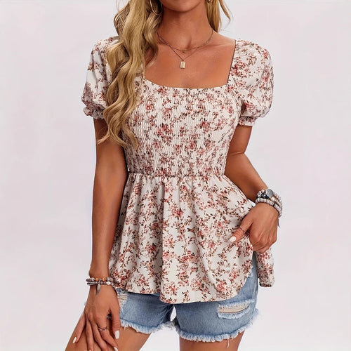 Dame Floral Print Smocked Peplum Top Stilla