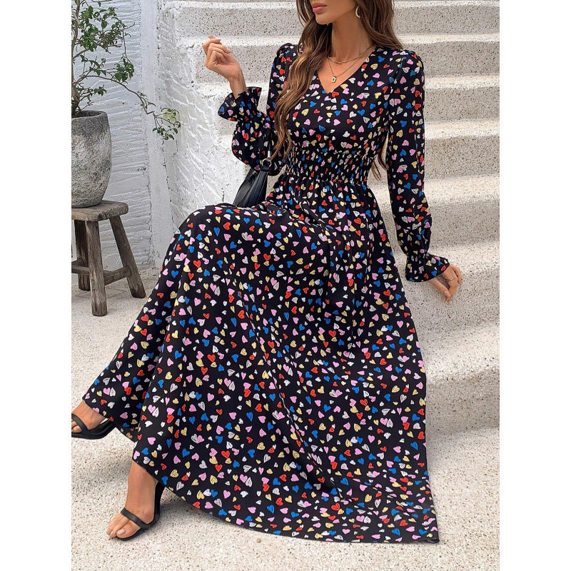 Dame Floral Trykt Maxi Kjole med Smock-talje og Lange Ærmer Stilla