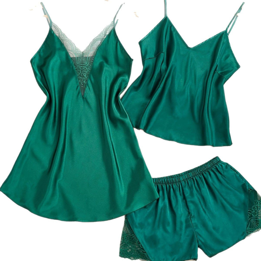 Kvinder Luksus Satin Loungewear Sæt med Spidsdetaljer Stilla